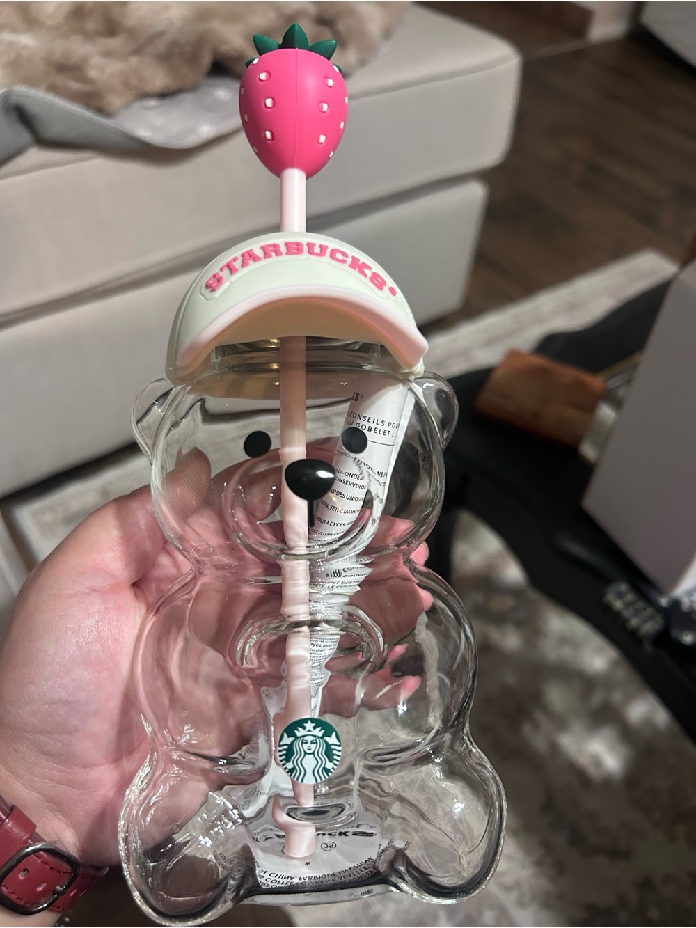 Starbucks Clear Bear Tumbler with Pink Straw and Strawberry Lid